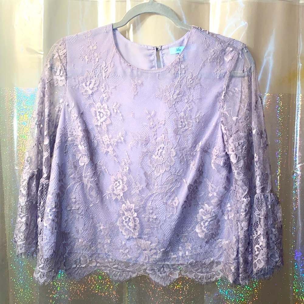 Lavender Lace-overlay 3/4 sleeve Cropped blouse She + Sky S